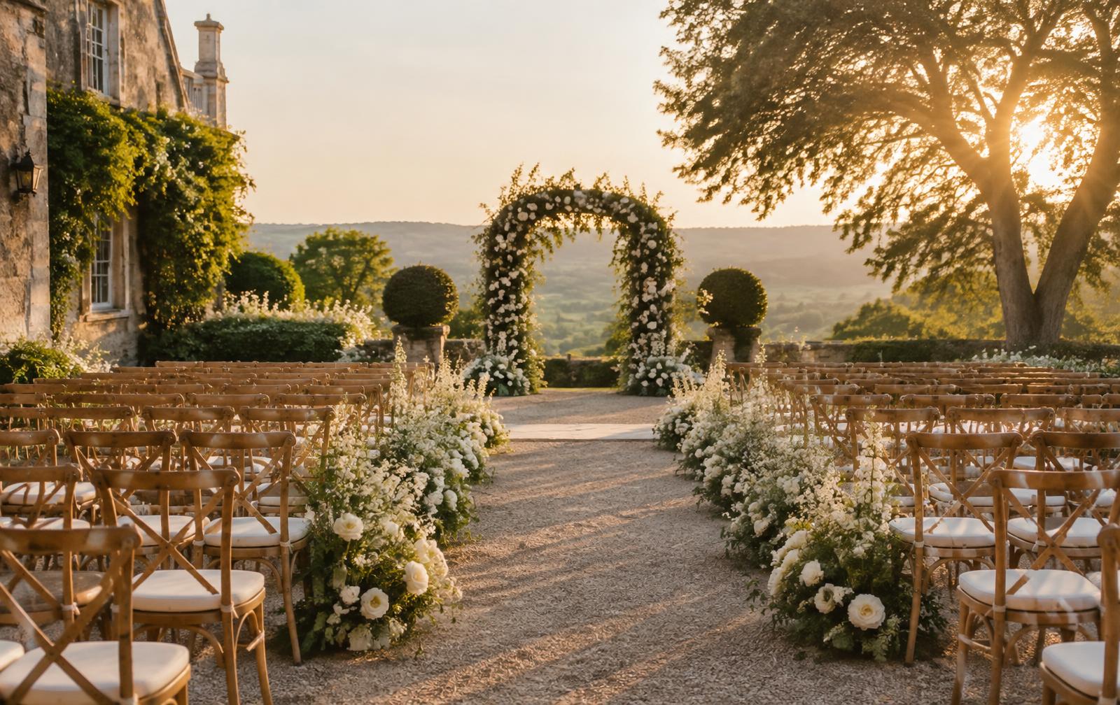 Garden ceremony aisle lined with white flowers at golden hour