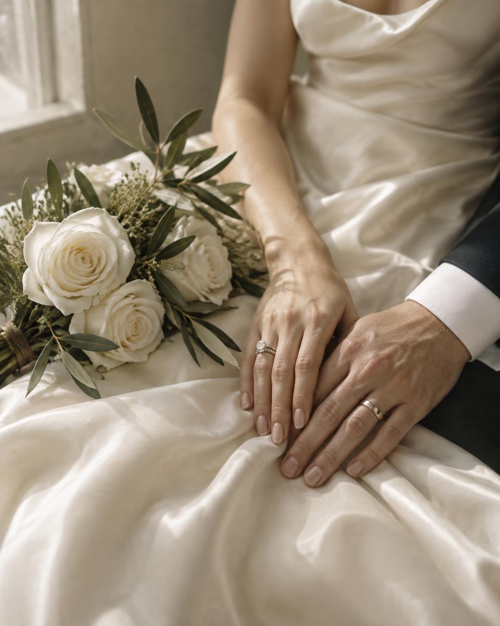 Couple's hands with wedding rings beside a bouquet of white roses